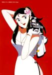  1girl 90s arm_up bangs blue_eyes dress earrings flower giant_robo ginrei_(giant_robo) gloves green_hair gun hair_flower hair_ornament hand_behind_head handgun highres holding holding_gun holding_weapon jewelry kubooka_toshiyuki long_hair necklace official_art open_mouth page_number red_background side_slit sidelocks simple_background solo strapless strapless_dress swept_bangs weapon white_dress white_gloves 