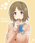  10s bangs blush breasts brown_eyes brown_hair character_name chocolate commentary_request dot_nose eating eyebrows_visible_through_hair flower food hair_flower hair_ornament holding holding_chocolate holding_food idolmaster idolmaster_cinderella_girls large_breasts looking_at_viewer mimura_kanako ra-pen short_hair smile uniform upper_body yellow_background 