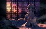  2girls blanket blue_eyes blue_hair covering_mouth grey_hair hair_rings kaku_seiga long_hair lying meitei mononobe_no_futo multiple_girls nude short_hair sitting smoke sunset touhou white_hair window 