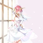  1girl berserker_of_black blue_eyes dress elbow_gloves eyebrows_visible_through_hair fate/apocrypha fate_(series) flower gloves hair_over_eyes headgear heterochromia horn jewelry looking_at_viewer necklace nichts_(nil) parted_lips petals pink_hair rose short_hair solo veil wedding_dress white_dress white_gloves white_rose wind window wreath yellow_eyes 