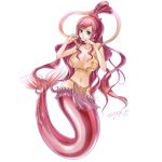  1girl bare_arms bare_shoulders bikini_top blue_eyes blush breasts closed_mouth collarbone fish_tail full_body groin hair_rings large_breasts loincloth long_hair looking_at_viewer mermaid monster_girl navel one_piece pink_hair shell_earrings shirahoshi sidelocks simple_background solo stomach tenjou_tsuki very_long_hair white_background 
