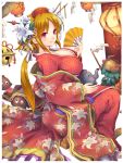  1girl bell blonde_hair blush breasts closed_mouth fan folding_fan from_side hair_ornament hair_stick hat hisho_collection japanese_clothes jingle_bell kettle kimono lampion large_breasts long_hair long_sleeves looking_at_viewer looking_to_the_side official_art red_eyes sitting smile solo toshi wide_sleeves 