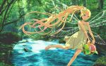  1girl barefoot basket blonde_hair blue_eyes dappled_sunlight dress fairy flower forest green_dress hair_flower hair_ornament highres ika_(freeter) long_hair looking_at_viewer nature original outdoors solo sundress sunlight very_long_hair water 