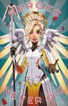  1girl artist_name black_gloves chrissie_zullo english gloves high_ponytail lips looking_at_viewer mechanical_halo mechanical_wings mercy_(overwatch) open_mouth overwatch petals solo spread_wings staff wings yellow_wings 