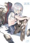  1girl asdj black_legwear blue_eyes breasts character_name eyes_visible_through_hair from_side full_body gloves hair_ornament hair_over_one_eye hairclip hamakaze_(kantai_collection) kantai_collection leg_hug looking_at_viewer looking_to_the_side machinery medium_breasts navel neckerchief pantyhose parted_lips pleated_skirt school_uniform serafuku short_hair short_sleeves silver_hair skirt solo torn_clothes torn_pantyhose turret under_boob white_gloves 