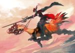  1boy animal_ears boots cat_ears cat_tail chocobo final_fantasy final_fantasy_xiv gloves grey_hair hat miqo&#039;te official_art rapier red_mage riding solo sword tail thigh-highs thigh_boots watermark weapon 