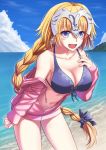  1girl beach blonde_hair blue_eyes blush braid breasts cleavage day fate/apocrypha fate_(series) front-tie_bikini front-tie_top hand_on_own_chest headpiece hood hoodie leaning_forward long_hair mizunashi_hayate navel ocean open_clothes open_hoodie open_mouth outdoors pink_hoodie ruler_(fate/apocrypha) single_braid sleeves_past_wrists smile very_long_hair 