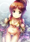  10s 1girl bangs bikini blush brown_eyes brown_hair flat_chest highres idolmaster idolmaster_cinderella_girls jewelry lens_flare looking_at_viewer ment navel necklace ocean smile swimsuit takamori_aiko wet 