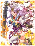  &gt;:o 1girl :o black_gloves blush breasts earrings fingerless_gloves fire forehead_protector from_side gloves headband hisho_collection holding holding_sword holding_weapon japanese_clothes jewelry large_breasts long_hair long_sleeves looking_at_viewer looking_to_the_side obi official_art open_mouth purple_hair red_eyes sash solo sword thigh-highs toshi weapon white_legwear wide_sleeves 