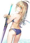  &gt;:/ 1girl :/ alternate_hairstyle artoria_pendragon_(all) ass bikini blonde_hair blue_bikini blurry commentary_request depth_of_field excalibur fate/stay_night fate_(series) from_behind green_eyes long_hair looking_at_viewer looking_back saber side-tie_bikini solo swimsuit yuugen 