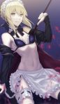  1girl apron artoria_pendragon_(all) bangs bikini blonde_hair braid breasts fate/grand_order fate_(series) french_braid frilled_apron frills hand_up highres holding hood hoodie jacket leg_garter lip-mil maid_bikini maid_headdress navel open_clothes open_hoodie open_jacket parted_lips saber_alter sidelocks small_breasts smile solo swimsuit waist_apron yellow_eyes 
