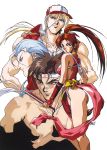  1girl 3boys 90s andy_bogard ass blonde_hair blue_eyes brown_hair fan fatal_fury headband high_ponytail highres holding holding_fan jacket joe_higashi light_blue_hair long_hair looking_at_viewer multiple_boys muscle official_art oobari_masami open_clothes open_jacket pelvic_curtain profile redhead shiranui_mai sidelocks simple_background sleeveless_jacket smile terry_bogard white_background 