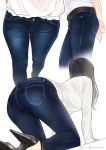  1girl all_fours ama_mitsuki arms_behind_back ass black_hair contrapposto denim dutch_angle foreshortening from_behind high_heels jeans long_hair long_sleeves multiple_views original own_hands_together pants ribbed_shirt shirt simple_background standing white_background 