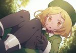  1girl beret blonde_hair bob_cut coat fate/grand_order fate_(series) green_coat hat norasame_(dagako) open_mouth pantyhose paul_bunyan_(fate/grand_order) short_hair solo tree yellow_eyes 