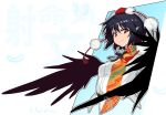  1girl bangs bird_wings black_hair black_ribbon black_wings breasts character_name collared_shirt from_side hat leaf-pattern_stripe looking_at_viewer looking_to_the_side medium_breasts neck_ribbon pointy_ears pom_pom_(clothes) red_eyes ribbon shameimaru_aya shirt short_hair smile solo taketora_suzume tokin_hat touhou upper_body white_shirt wings 