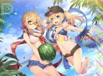  &gt;:d 2girls :d ahoge arm_up artoria_pendragon_(all) bare_legs barefoot baseball_cap bikini bikini_skirt bikini_top bird black-framed_eyewear blonde_hair blue_bikini_top blue_eyes blue_scarf blue_sky breasts cleavage clouds cloudy_sky day dutch_angle fate/grand_order fate_(series) food fruit glasses hair_between_eyes hat heroine_x heroine_x_(alter) khanshin leg_up long_hair medium_breasts midriff multiple_girls navel open_fly open_mouth outdoors parted_lips plaid plaid_scarf pleated_skirt ponytail red_scarf sailor_bikini sailor_collar scarf semi-rimless_glasses short_hair skirt sky small_breasts smile sparkle standing standing_on_one_leg strap_slip swimsuit sword under-rim_glasses untied untied_bikini wading wardrobe_malfunction water_drop watermelon weapon wooden_sword wristband yellow_eyes 