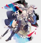  1boy 1girl armor cape female_my_unit_(fire_emblem_if) fire_emblem fire_emblem_if gloves hug japanese_clothes komoreg long_hair my_unit_(fire_emblem_if) panties pantyshot ponytail red_eyes takumi_(fire_emblem_if) underwear white_hair 