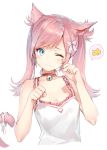  1girl :3 animal_ears bangs bell bell_collar blue_eyes breasts camisole cleavage closed_mouth collar eyebrows_visible_through_hair final_fantasy final_fantasy_xiv frill_trim head_tilt jingle_bell miqo&#039;te momoko_(momopoco) paw_pose pink_hair ribbon simple_background slit_pupils small_breasts solo speech_bubble swept_bangs tail tail_ribbon twintails upper_body white_background 