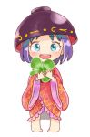  1girl :d barefoot blue_eyes bogyaku_no_m bowl bowl_hat chibi clover eyebrows_visible_through_hair four-leaf_clover full_body hands_up hat holding holding_clover japanese_clothes kimono long_sleeves looking_at_viewer obi object_on_head open_mouth purple_hair sash short_hair simple_background smile solo sukuna_shinmyoumaru touhou white_background wide_sleeves 