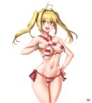  1girl :d alternate_hairstyle athenawyrm bangs bikini blonde_hair blush breasts cowboy_shot earrings fate/grand_order fate_(series) gluteal_fold green_eyes hair_intakes halterneck hand_on_hip hand_on_own_chest hips jewelry long_hair looking_at_viewer medium_breasts navel nero_claudius_(swimsuit)_(fate) open_mouth saber_extra side-tie_bikini smile solo striped striped_bikini swimsuit thigh_gap twintails white_background 
