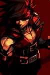  1boy abs belt black_gloves brown_hair closed_mouth fingerless_gloves gloves guilty_gear hankuri headband male_focus muscle red_background shaded_face simple_background sleeveless sol_badguy solo upper_body 