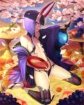  1girl alcohol blurry blush breasts cherry_blossoms commentary_request cup depth_of_field fate/grand_order fate_(series) flower food forehead_jewel fruit grapes highres horns japanese_clothes kiki_(uxoia) kimono looking_at_viewer navel off_shoulder oni oni_horns open_mouth peach petals profile purple_hair revealing_clothes revision sakazuki shiny shiny_hair short_hair shuten_douji_(fate/grand_order) sitting small_breasts smile solo teeth thigh-highs tree violet_eyes wariza 