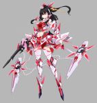  1girl adapted_costume armor beam_rifle black_hair energy_gun full_body fusion glowing grey_background gun gundam gundam_unicorn hair_tubes hakurei_reimu headpiece highres legs_crossed long_hair mecha_musume ofuda raptor7 red_eyes shide shield simple_background standing touhou unicorn_gundam weapon yin_yang 