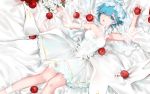  1girl ankle_cuffs apple bed_sheet blue_eyes blue_hair bow breasts bridal_veil choker cleavage closed_eyes collarbone detached_sleeves dress food from_above fruit hair_over_one_eye highres holding holding_fruit looking_at_viewer lying medium_breasts on_back parted_lips qidai re:zero_kara_hajimeru_isekai_seikatsu rem_(re:zero) school_uniform short_dress short_hair sleeveless sleeveless_dress solo strapless strapless_dress veil wedding_dress white_bow white_flower 