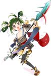  &gt;:o 1girl :o black_legwear dutch_angle full_body green_hair holding holding_spear holding_weapon iwateyama_(oshiro_project) kamaboko_red long_hair official_art oshiro_project oshiro_project_re polearm sleeveless spear thigh-highs transparent_background violet_eyes weapon 