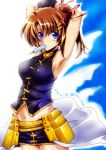  armpits arms_up bare_shoulders blue_eyes breasts brown_hair dasuto food hair_ornament hairclip large_breasts lyrical_nanoha minigirl ponytail popsicle short_hair sideboob skirt sleeveless tied_hair x_hair_ornament yagami_hayate 