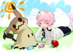  1boy akita_toushirou asuma_(hanezu) blush candy crossover food male_focus mimikyu open_mouth pink_hair poke_ball pokemon pokemon_(creature) pokemon_(game) pokemon_sm smile touken_ranbu 