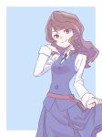  1girl alternate_hairstyle blue_background brown_hair highres kagari_atsuko little_witch_academia long_hair looking_at_viewer red_eyes school_uniform simple_background smile tama 