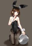 1girl animal_ears bangs bare_shoulders black_legwear blue_eyes blunt_bangs blush bow bowtie breasts brown_hair bunny_girl bunny_tail bunnysuit cleavage closed_mouth detached_collar eyebrows_visible_through_hair fake_animal_ears full_body gluteal_fold hairband hand_to_own_mouth high_heels katahira_masashi kneeling leotard looking_at_viewer medium_breasts medium_hair original pantyhose rabbit_ears short_hair side-tie_leotard simple_background smile solo tail tray wrist_cuffs 