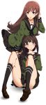  2girls bangs black_hair black_skirt blunt_bangs blush braid breast_rest breasts breasts_on_head brown_eyes brown_hair full_body green_serafuku highres hime_cut kantai_collection kitakami_(kantai_collection) long_hair long_sleeves meriken0111 multiple_girls ooi_(kantai_collection) panties pantyshot pantyshot_(sitting) school_uniform serafuku sidelocks simple_background single_braid sitting skirt striped striped_panties tongue tongue_out underwear violet_eyes white_background 