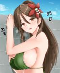  amagi_(kantai_collection) ame-rain bikini blush breasts brick_wall brown_eyes brown_hair flower green_bikini hair_flower hair_ornament hand_on_own_chest hand_on_wall heart heart-shaped_pupils highres kantai_collection long_hair looking_at_viewer mole mole_under_eye outdoors parted_lips ponytail sideboob swimsuit symbol-shaped_pupils translation_request upper_body wall 