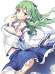  1girl ass bare_shoulders blue_skirt breasts closed_mouth detached_sleeves frog_hair_ornament green_eyes green_hair hair_ornament hair_tubes kochiya_sanae large_breasts long_hair looking_at_viewer midriff non_(nobu) sideboob simple_background skirt smile snake_hair_ornament solo thigh-highs touhou white_background white_legwear 