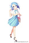  1girl bag blue_eyes blue_hair blue_ribbon blue_skirt character_request closed_mouth commentary_request ear_ornament eyebrows_visible_through_hair full_body gothic_wa_mahou_otome high_heels highres jenevan looking_at_viewer official_art puffy_sleeves ribbon shirt short_hair short_sleeves shoulder_bag simple_background skirt smile solo watermark white_background white_shirt 