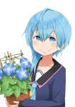  1girl :d ahoge b-man blue_eyes blue_hair carrying commentary_request flower flower_pot kantai_collection looking_at_viewer minazuki_(kantai_collection) open_mouth school_uniform serafuku short_hair simple_background smile solo upper_body white_background 