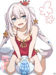  1girl ball beachball blue_eyes breasts cleavage crab_on_head fate/grand_order fate_(series) full_body hat highres long_hair looking_at_viewer marie_antoinette_(fate/grand_order) marie_antoinette_(swimsuit_caster)_(fate) open_mouth ramchi seashell shell silver_hair sitting smile solo starfish swimsuit twintails wariza 