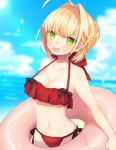  10s 1girl ahoge bikini blonde_hair breasts cleavage cowboy_shot fate/extra fate/extra_ccc fate_(series) frilled_bikini frills green_eyes highres innertube looking_at_viewer medium_breasts munuko nero_clauidius_(fate) nero_clauidius_(fate)_(all) open_mouth red_bikini saber_extra solo sparkle swimsuit 