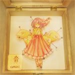  1girl album_cover closed_eyes commentary commentary_request cover flower hair_flower hair_ornament hanada_hyou hieda_no_akyuu japanese_clothes lowres needle papercraft purple_hair rd-sounds short_hair smile solo touhou wooden_box 