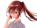  1girl arm_at_side bangs brown_hair collared_shirt eyebrows_visible_through_hair eyelashes green_eyes grey_shirt hair_between_eyes hair_intakes hair_tousle hand_in_hair hand_to_head hand_up lips long_hair looking_up mikan_(pixiv23066428) original parted_lips ponytail shirt short_sleeves sidelocks simple_background solo standing teeth upper_body white_background wing_collar 