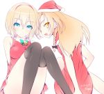  2girls :d alice_margatroid aqua_bow aqua_bowtie arm_behind_back arm_support artist_name bangs bare_shoulders bell black_bow black_legwear blonde_hair blue_eyes bow bowtie braid breasts capelet christmas closed_mouth convenient_leg dated elbow_gloves eyebrows_visible_through_hair from_behind gloves hair_between_eyes hair_bow hairband hat kirisame_marisa long_hair looking_at_viewer looking_back medium_breasts multiple_girls nirap open_mouth over-kneehighs red_gloves red_hairband santa_costume santa_hat short_hair side_braid single_braid sitting sleeveless smile thigh-highs touhou yellow_eyes 
