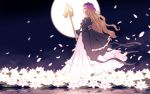  1girl brown_hair dress flower full_moon gradient_hair hijiri_byakuren long_hair lotus meitei moon multicolored_hair petals purple_hair solo staff touhou wide_sleeves 