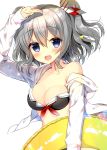  1girl :d alternate_costume bikini black_bikini blue_eyes blush breasts collarbone eyebrows_visible_through_hair hair_between_eyes innertube kantai_collection kashima_(kantai_collection) large_breasts open_mouth short_hair silver_hair simple_background smile solo swimsuit two_side_up white_background yadapot 