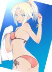  1girl arm_up ass bare_arms bikini blue_eyes blush bracelet breasts cowboy_shot eyebrows_visible_through_hair fate/apocrypha fate/grand_order fate_(series) from_behind hair_ornament hair_scrunchie halterneck holding jewelry looking_at_viewer medium_breasts mordred_(swimsuit_rider)_(fate) nirap open_mouth ponytail red_bikini saber_of_red scrunchie side-tie_bikini solo swimsuit white_hair 