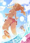  3girls :d arisugawa_himari arms_up ass barefoot bikini blonde_hair blue_eyes blue_hair blue_sky bracelet breasts brown_hair clouds fang feet food_themed_hair_ornament hair_ornament hamuhamu highres jewelry kirakira_precure_a_la_mode long_hair multiple_girls ocean one-piece_swimsuit one_eye_closed open_mouth pink_bikini pink_eyes ponytail precure short_hair sideboob sky smile strawberry_hair_ornament sun sunlight swimsuit tategami_aoi twintails usami_ichika yellow_swimsuit 