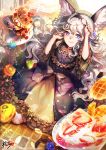  1girl animal_ears blue_eyes blush closed_mouth food frills hairband holding holding_spoon kyjsogom long_hair looking_at_viewer naver_username pancake silver_hair smile solo spoon watermark web_address 