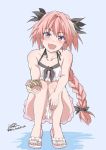  1boy black_bow bow braid fang fate/apocrypha fate/grand_order fate_(series) hair_ribbon male_focus open_mouth pink_hair ribbon rider_of_black seashell shell single_braid smile swimsuit trap two_piece violet_eyes 