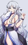  1girl bangs bare_shoulders blush breasts cleavage closed_mouth eyebrows_visible_through_hair grey_background grey_hair hand_up hands_up highres japanese_clothes large_breasts long_hair looking_at_viewer naked_kimono original pointy_ears simple_background smile solo thick_eyebrows very_long_hair violet_eyes wavy_hair wide_sleeves wristband xiu_jiayihuizi 